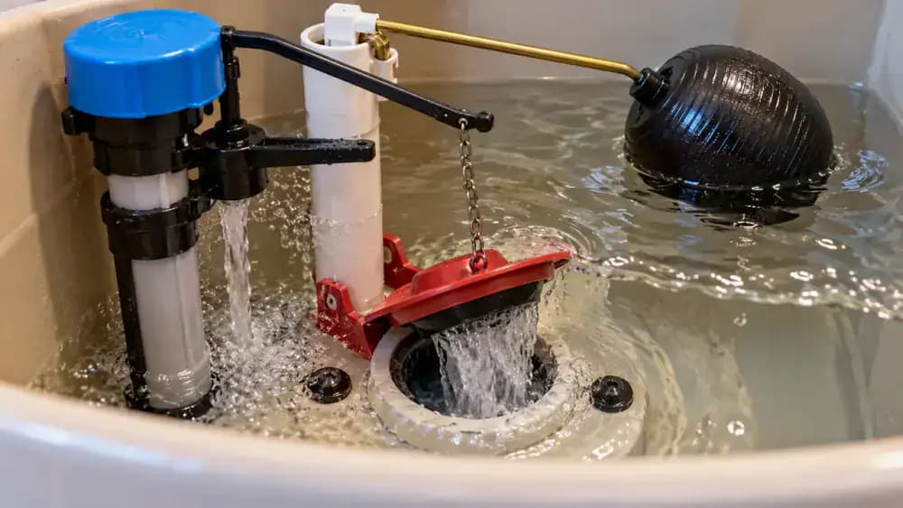 Close-up inside an open white toilet tank during a flush cycle, showing the chain lifting the rubber flapper, water draining through the flush valve, and the float rising as the fill valve refills the tank below the overflow tube.