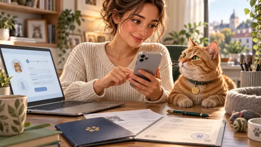 Ginger cat beside a computer while its owner checks microchip registration and license details
