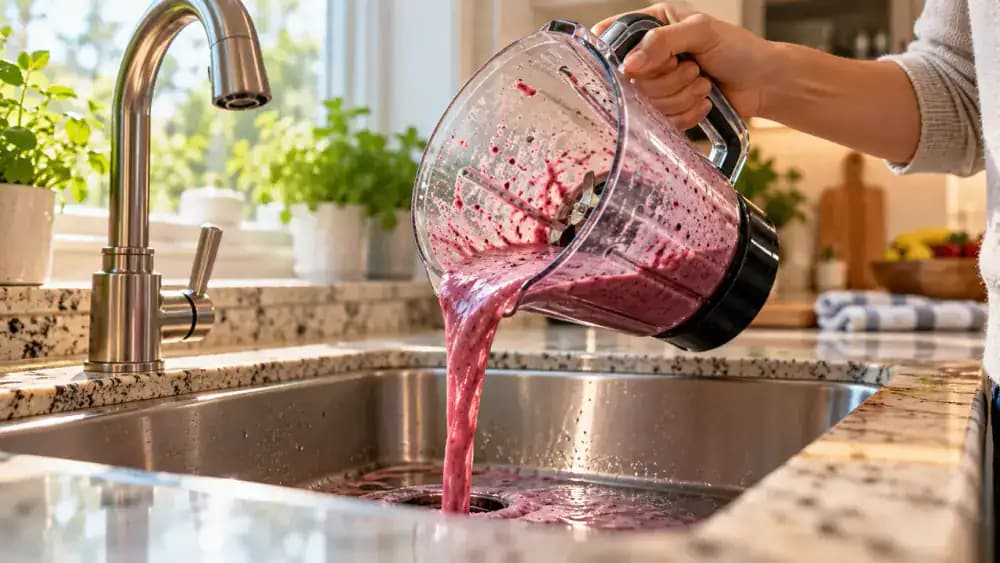 Adult inspecting a transparent blender jar under a small work light after pouring leftover pink smoothie into a stainless steel sink, checking for cracks, worn seals, and food residue around the installed blade hub.
