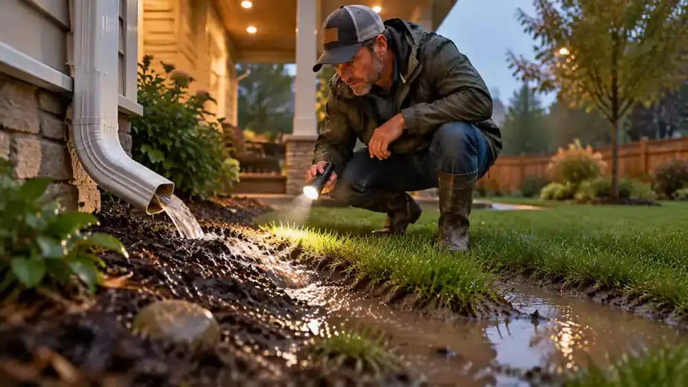 Close view of a roof downspout beside a damp paved walkway, with a wet runoff trail leading toward a low lawn area while a homeowner safely inspects the outlet with a flashlight from a covered porch.