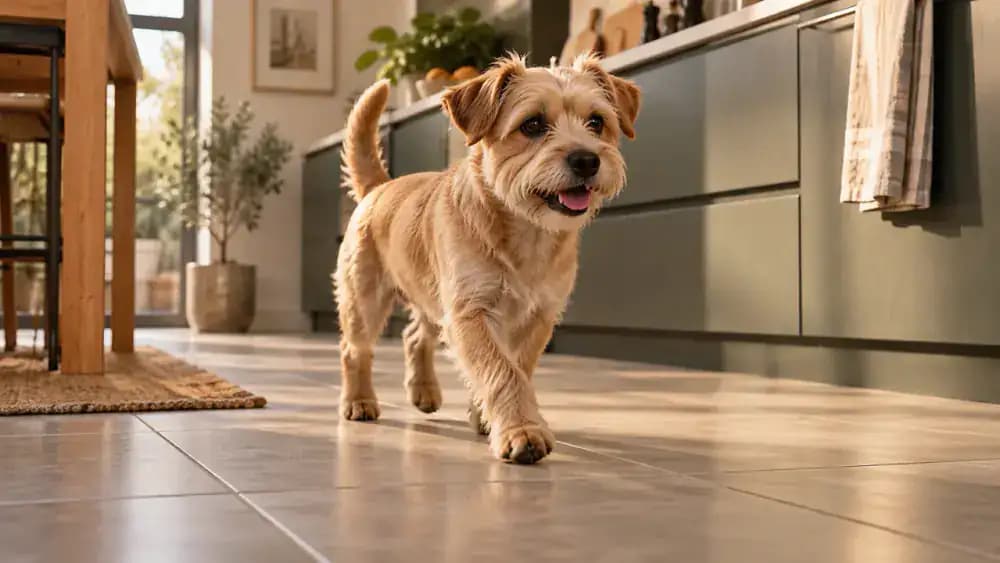 Small tan dog walking across level kitchen flooring with all four legs visible