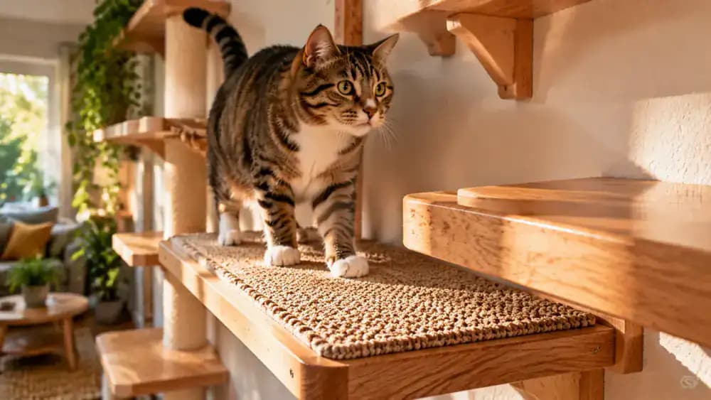 Cat owner comparing a polished wooden board with a textured cat shelf, securing nonslip matting, and showing a cat sitting comfortably on a wide platform.