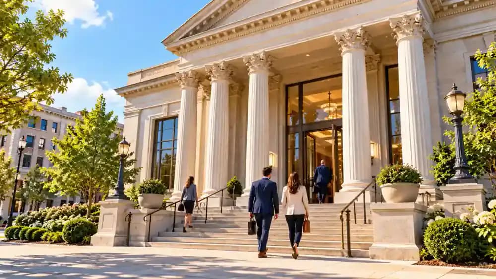 Traditional American bank building representing mortgage lending and insurance requirements.