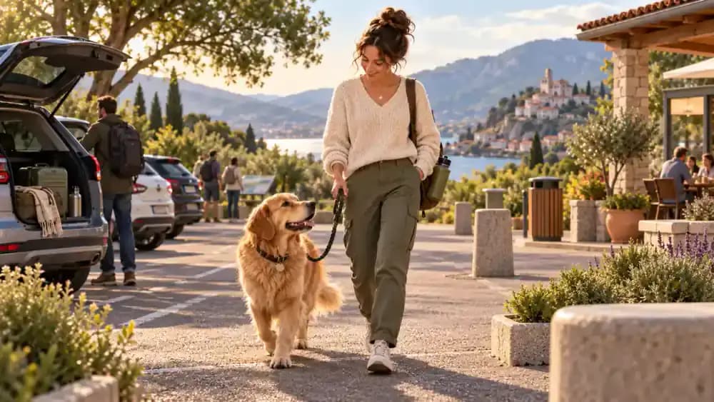 Dog walking on a fixed-length leash at a busy roadside rest area near parked cars