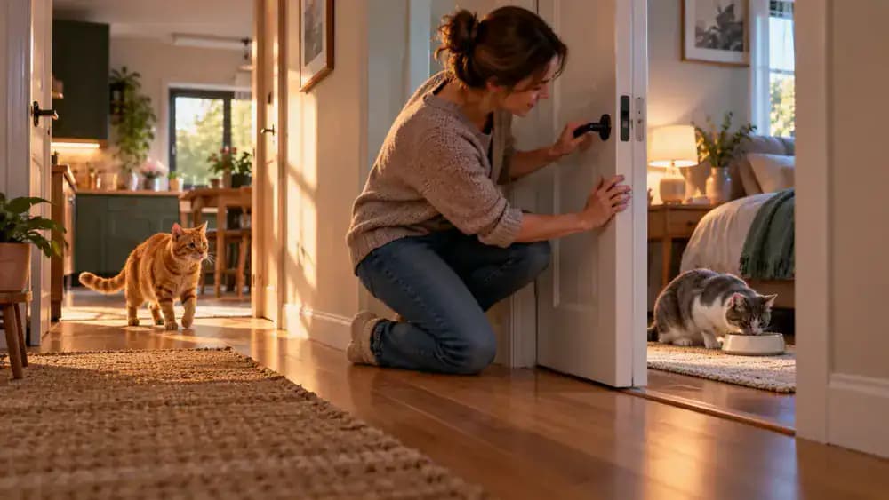 Owner calmly closing a bedroom door while a gray-and-white cat eats inside, with an orange tabby eating separately in the adjacent kitchen and leftovers collected before the door reopens.