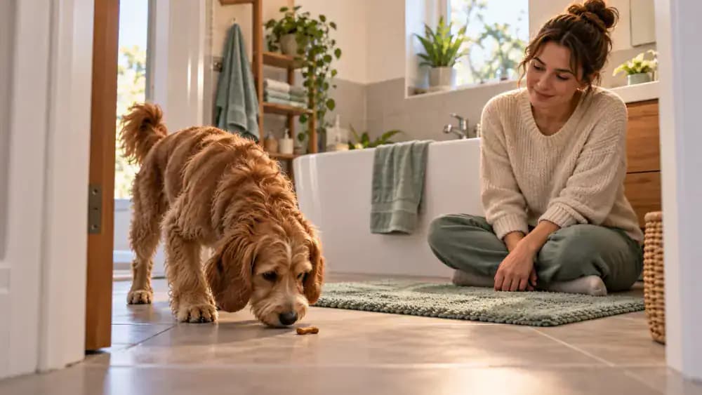 Dog voluntarily entering a dry tiled bathroom to sniff a small treat near the doorway while the owner sits quietly nearby.