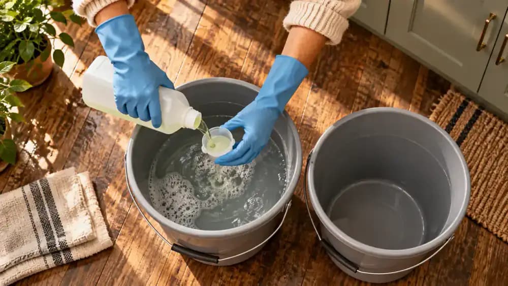 Overhead view of a kitchen utility counter showing gloved hands measuring floor-compatible degreaser in a graduated cup, a bottle with dilution instructions, one bucket containing cleaning solution, and a separate empty rinse bucket.
