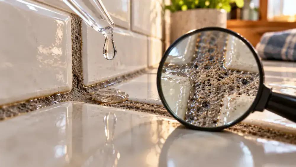 Close-up of blue-gloved hands inspecting light gray cement grout between cream kitchen backsplash tiles with a magnifying glass, then applying a small water droplet with a plastic dropper to examine grout absorbency.