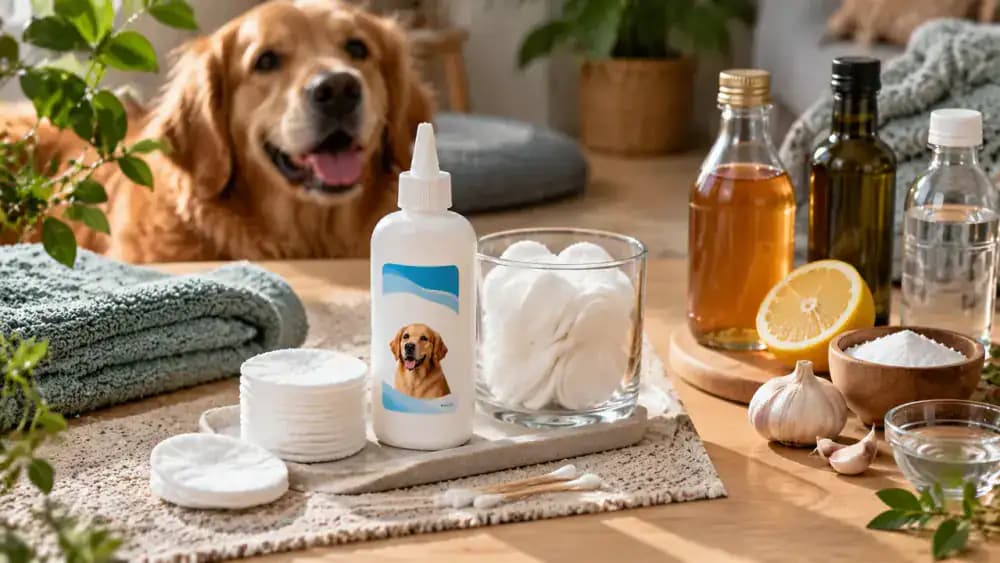 Canine ear cleaner with its label facing forward beside cotton pads, while household liquids and homemade mixtures are separated as unsuitable options.