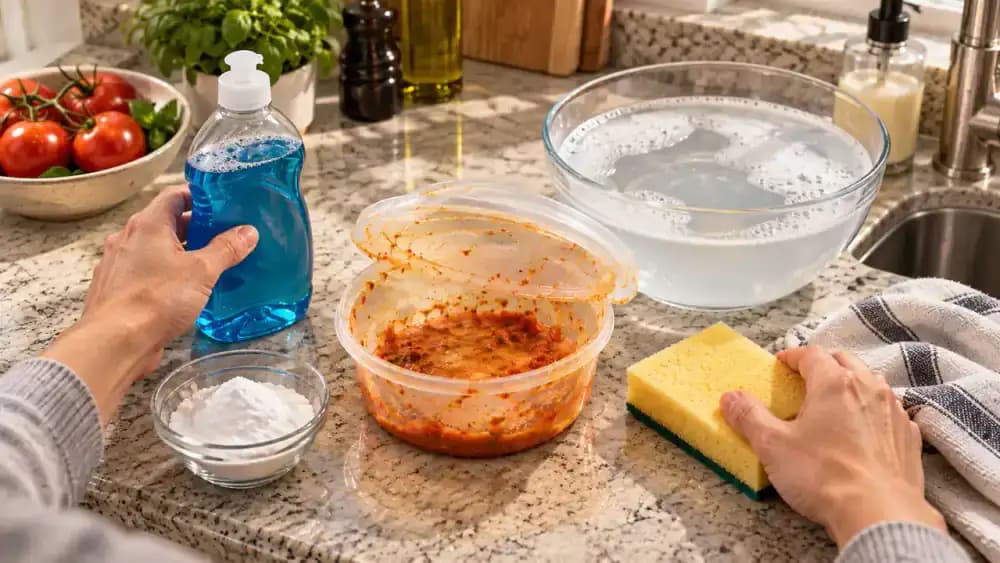 Overhead view of hands arranging mild dish soap, a clear bowl of warm water, a soft yellow sponge, baking soda, and folded white towels on a kitchen countertop, with an orange-stained plastic food container, lid, and gasket behind the supplies.