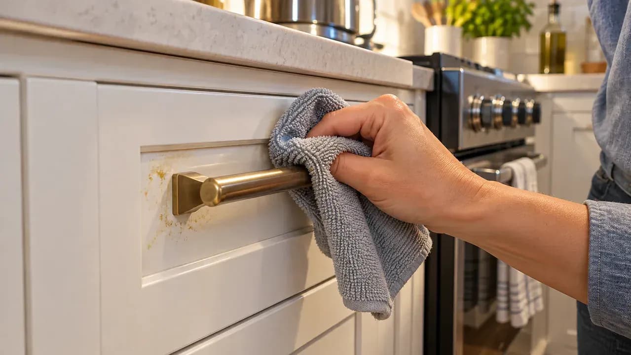 Lightly dampened clean microfiber cloth wiping the painted cabinet door around the handle to remove remaining cleaner without drips or pooled moisture near the seams.