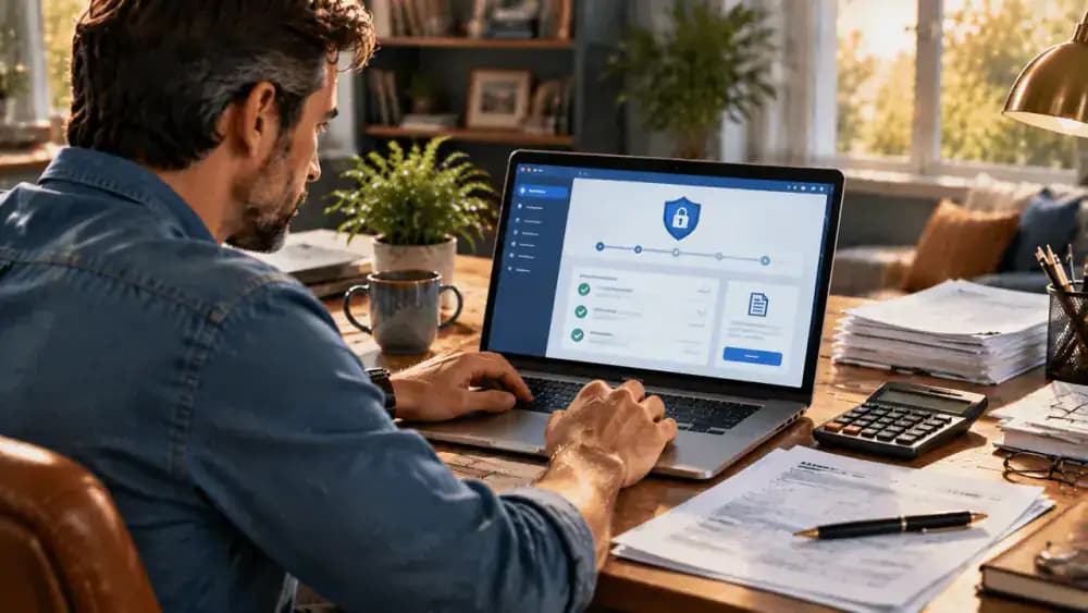 Taxpayer accessing a generic secure tax filing website on a laptop at a tidy desk.