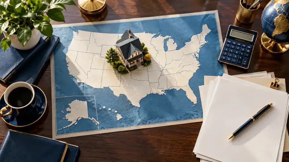 Unlabeled United States map with a miniature house and blank financial documents.
