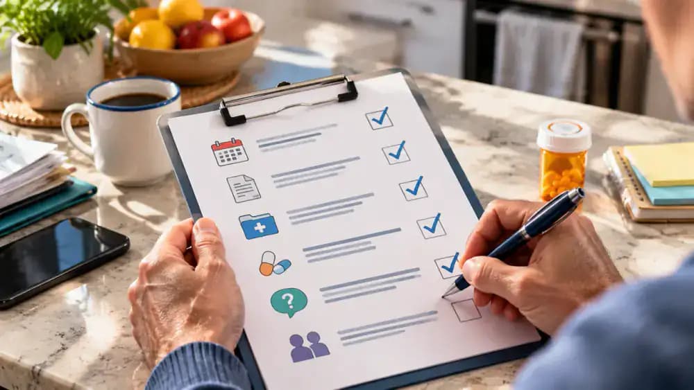 Adult patient writing a medical appointment preparation checklist on a clipboard, with Task, Status, and Date columns and items for appointment confirmation, referral checks, requested records, medication list, questions, and secure sharing.