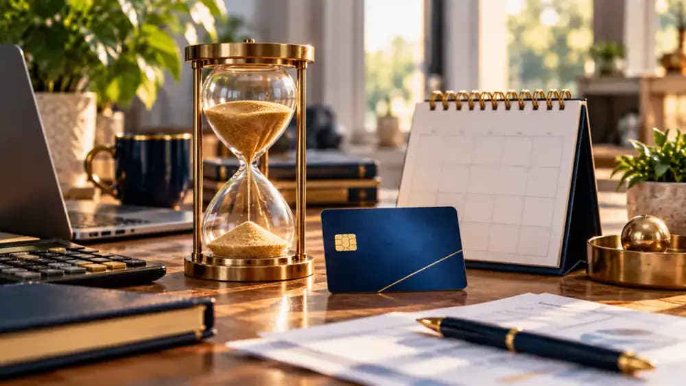 Hourglass beside a credit card and calendar symbolizing the first month after a missed payment.