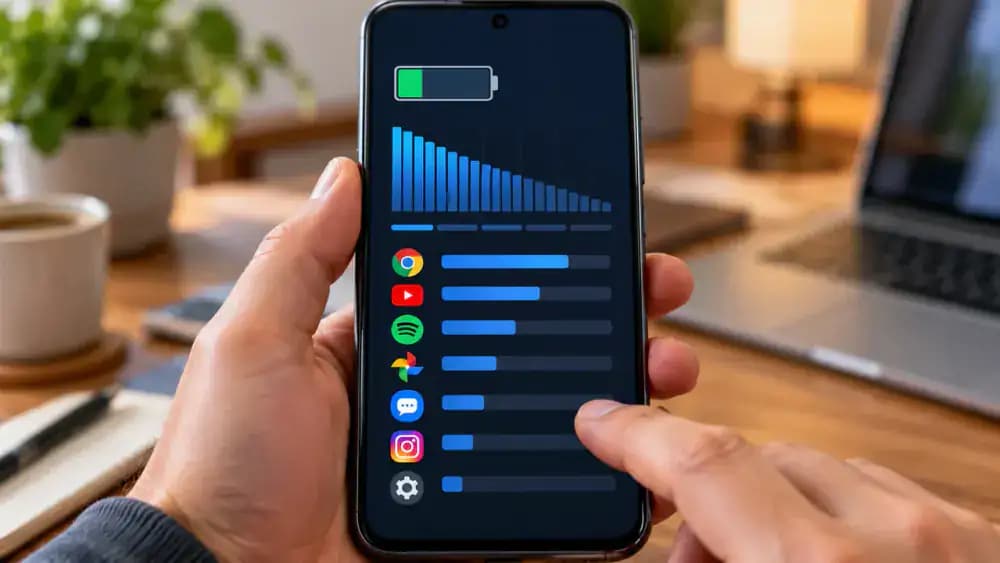 Android Battery usage screen showing an illustrative battery activity graph with a time scale and a ranked list of apps with battery consumption percentages, accessed through Settings and Battery.
