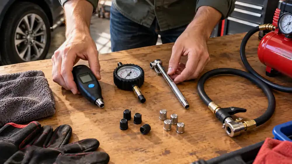 Digital tire pressure gauge, pencil-style pressure gauge, small container for valve caps, and portable tire inflator arranged neatly on a work surface in a residential garage.