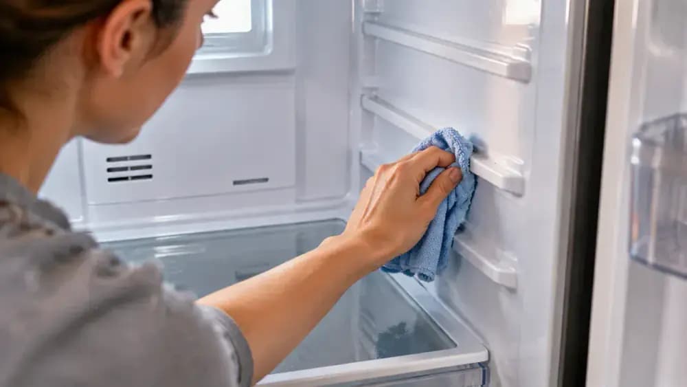 Person cleaning empty refrigerator shelf tracks and corner grooves with a damp cloth while a removed shelf rests on a towel nearby