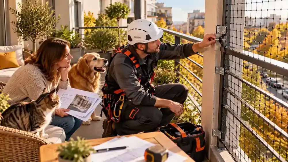 Qualified installation specialist examining structural mounting points and enclosure hardware on an empty high-rise balcony while reviewing technical diagrams, building approval paperwork, and maintenance instructions with the owner.