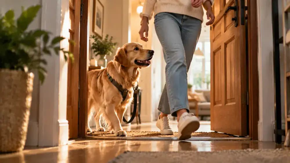 A dog waiting behind an interior doorway threshold as its owner gives a release cue and steps forward through the doorway together with the dog.