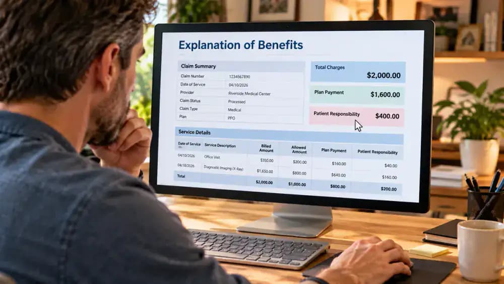 Person reviewing a fictional health insurance Explanation of Benefits on a computer monitor, using the cursor to locate the Claim Summary, Charges, Plan Payment, and Patient Responsibility sections.