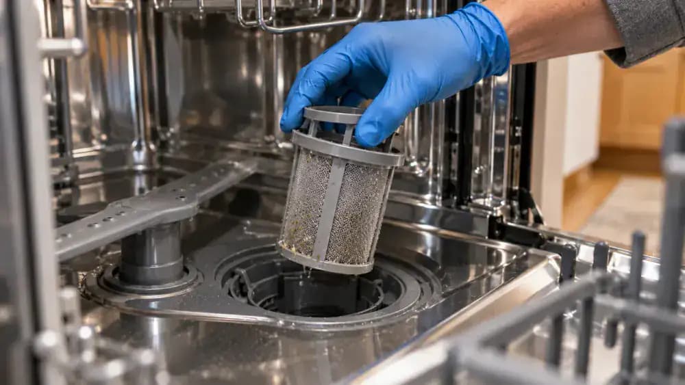 Gloved adult lifting a cylindrical dishwasher filter straight upward with one hand while supporting the bottom to keep food debris from falling into the sump opening.