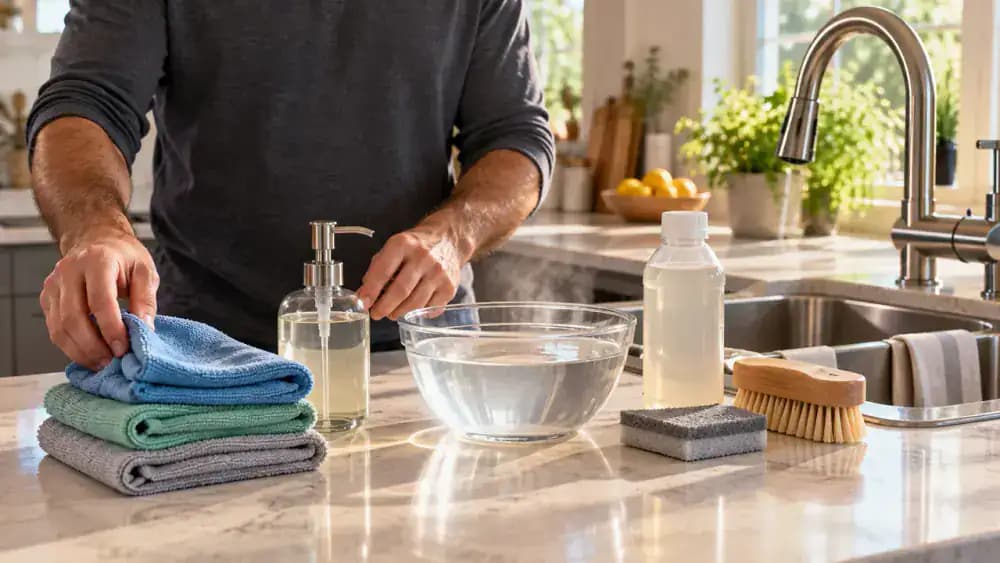 Homeowner arranging two folded microfiber cloths, mild dish soap, a bowl of warm water, and a manufacturer-approved stainless steel mineral remover on a kitchen countertop beside a sink with visible hard water spots.