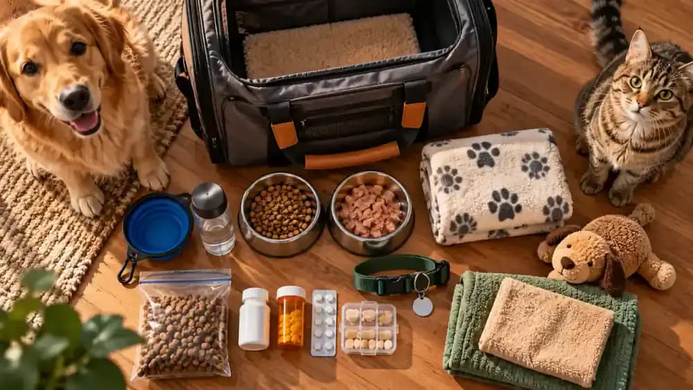 Overhead view of an owner packing labeled daily pet food portions, original medication containers, printed instructions, identification collar, familiar blanket, and approved toy into a boarding bag.