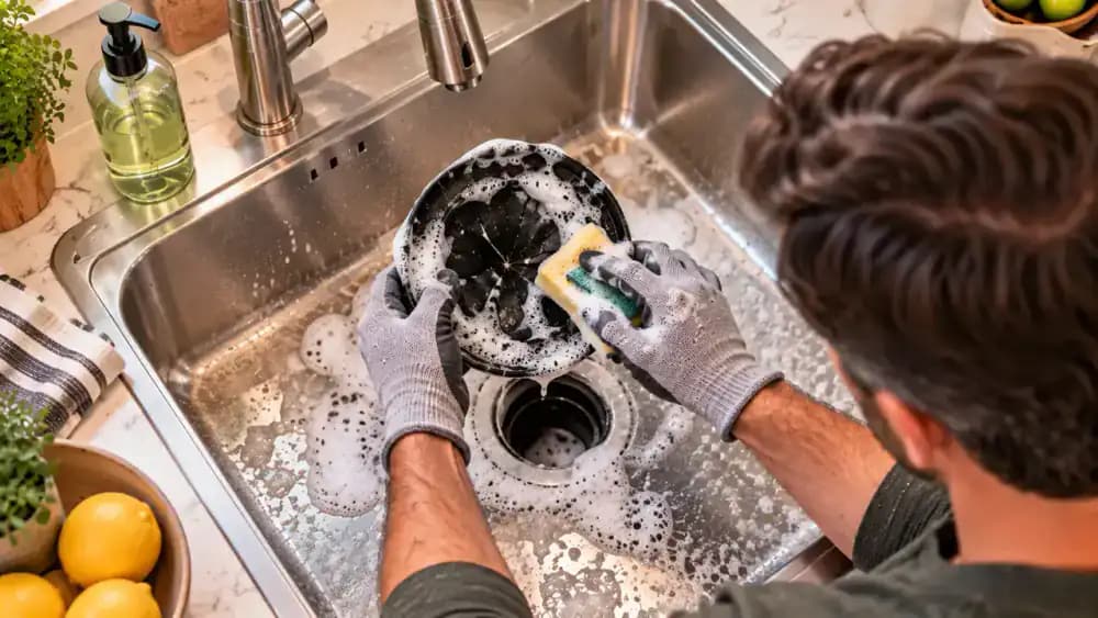 Gloved homeowner wiping the exposed metal rim around a garbage disposal opening with a damp soapy microfiber cloth while keeping both hands above the disposal chamber.