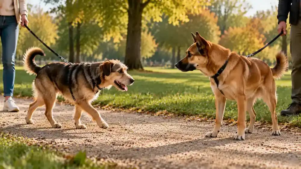 Dog displaying relaxed, curved body language contrasted with a stiff dog staring intently as the handler calmly creates more distance.