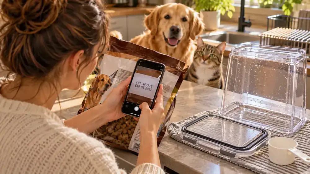 Pet owner photographing the lot number and best-by date on an empty kibble bag with a smartphone, beside a washed storage container drying on a rack and a new unopened food bag.