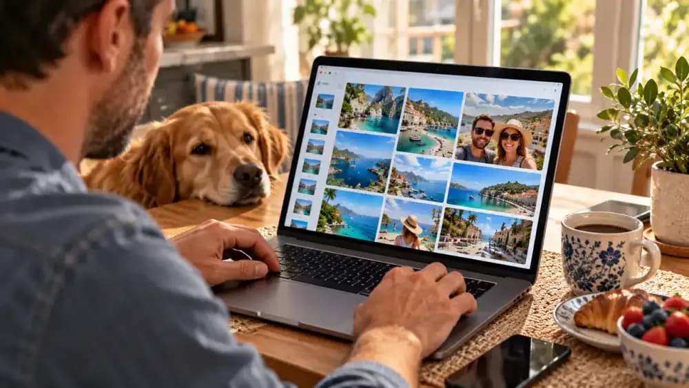 Adult using a laptop at a sunlit breakfast nook to check cloud photo access in Google Photos, with a family beach vacation picture open and additional photo thumbnails visible below.