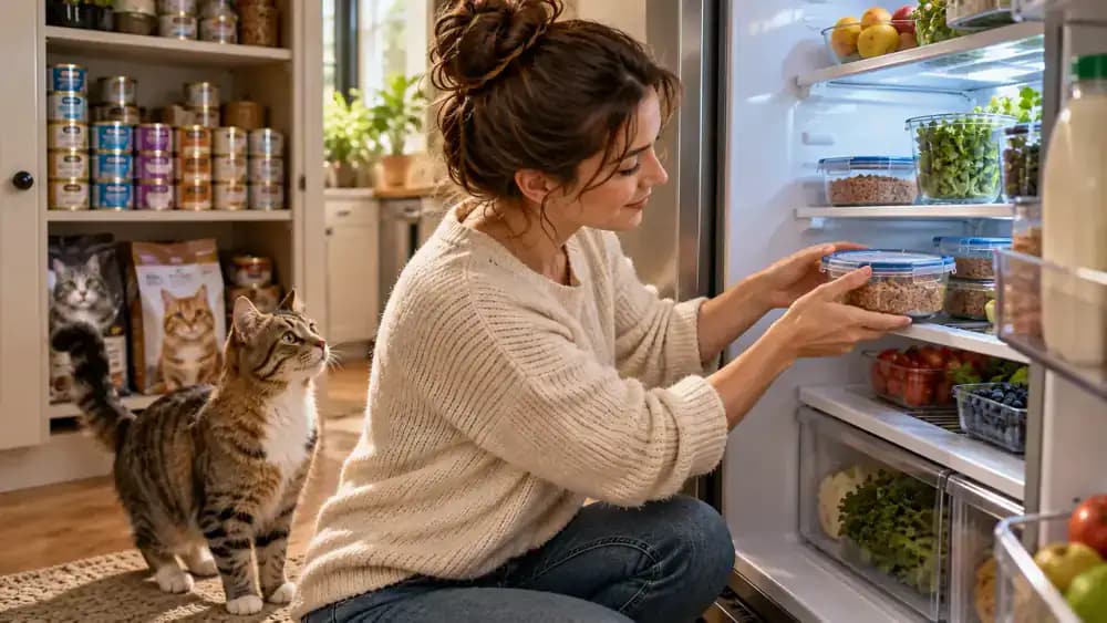 Owner placing a sealed glass container of leftover wet cat food with a dated label onto a clean refrigerator shelf while a tabby cat watches from the kitchen doorway.