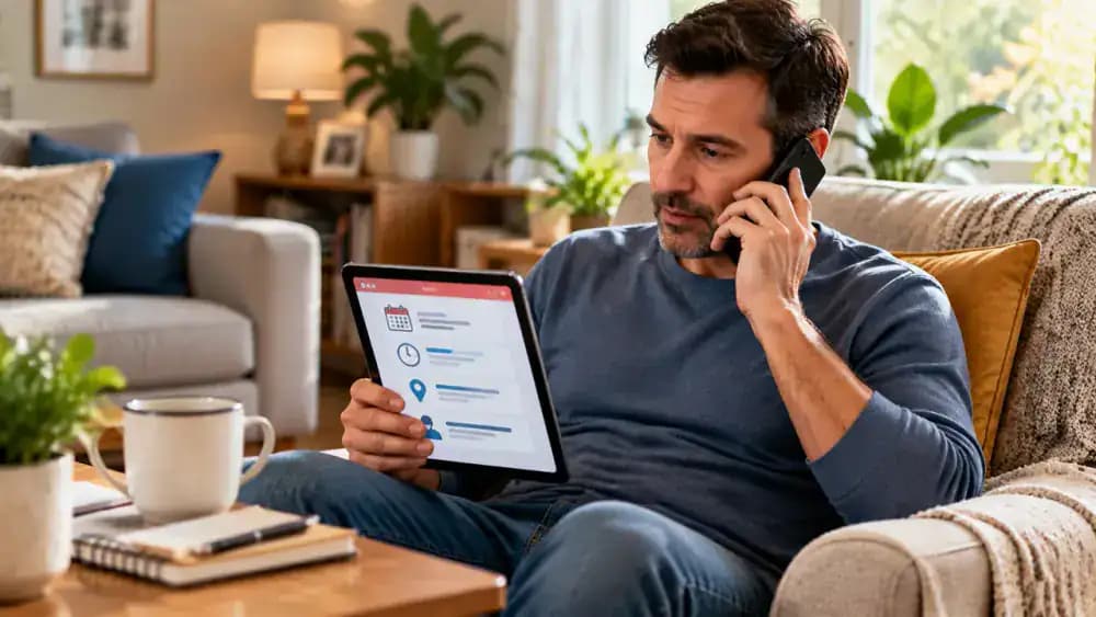 Adult patient speaking on a smartphone while reviewing a generic specialist appointment confirmation on a tablet and writing the verified visit date, time, and in-person format on an appointment information card.