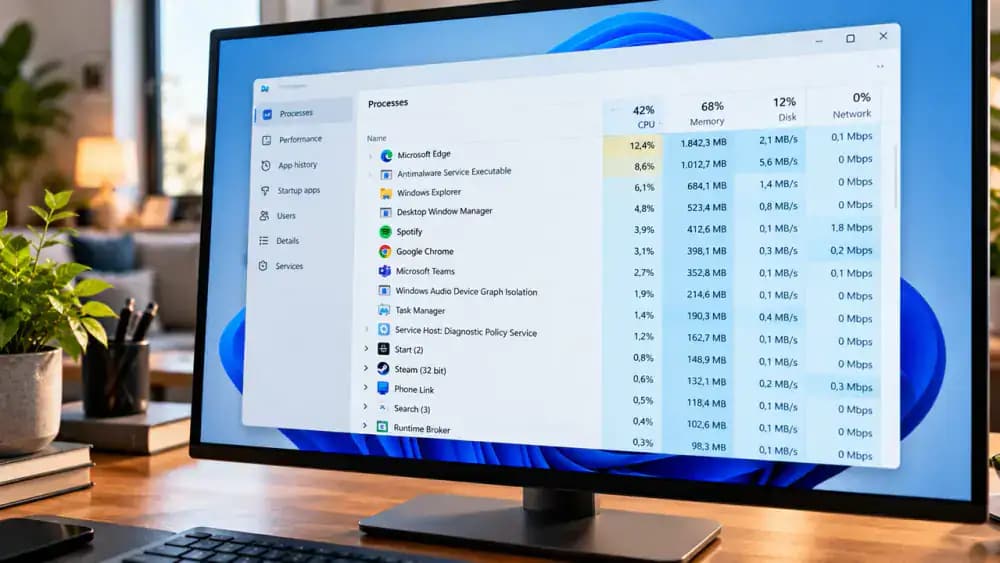 Windows 11 Task Manager Processes page showing CPU, Memory, and Disk columns, with applications sorted by resource usage and a high-usage application highlighted for inspection.