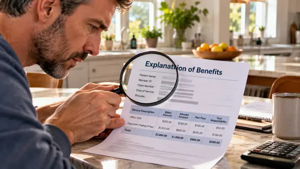 Person using a magnifying glass to inspect the patient name, provider, date of service, and claim number on a fictional health insurance Explanation of Benefits, with a notepad nearby.