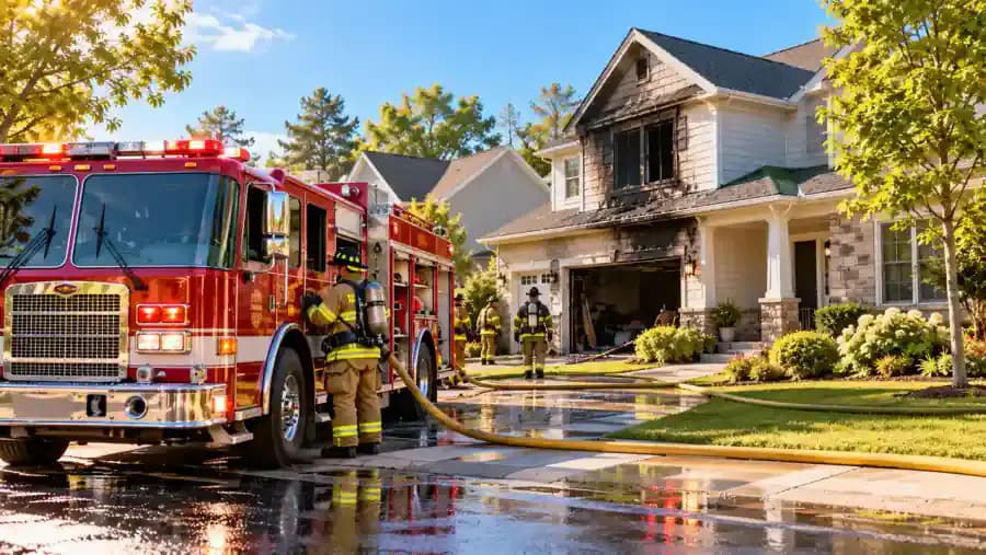 Fire truck parked near a suburban home following an emergency, illustrating potential insured property losses.