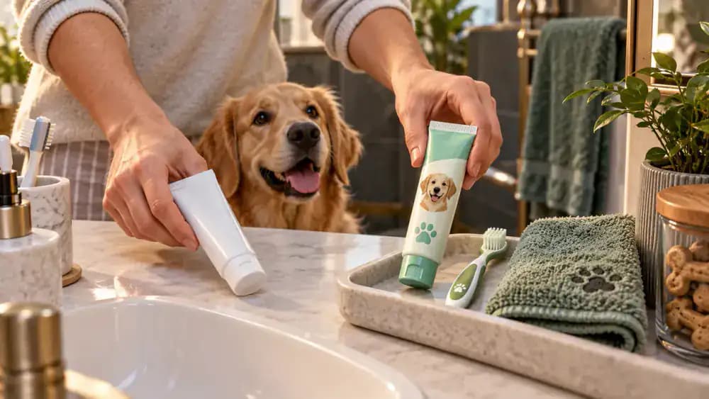Owner moving human toothpaste aside and selecting a clearly labeled dog toothpaste tube