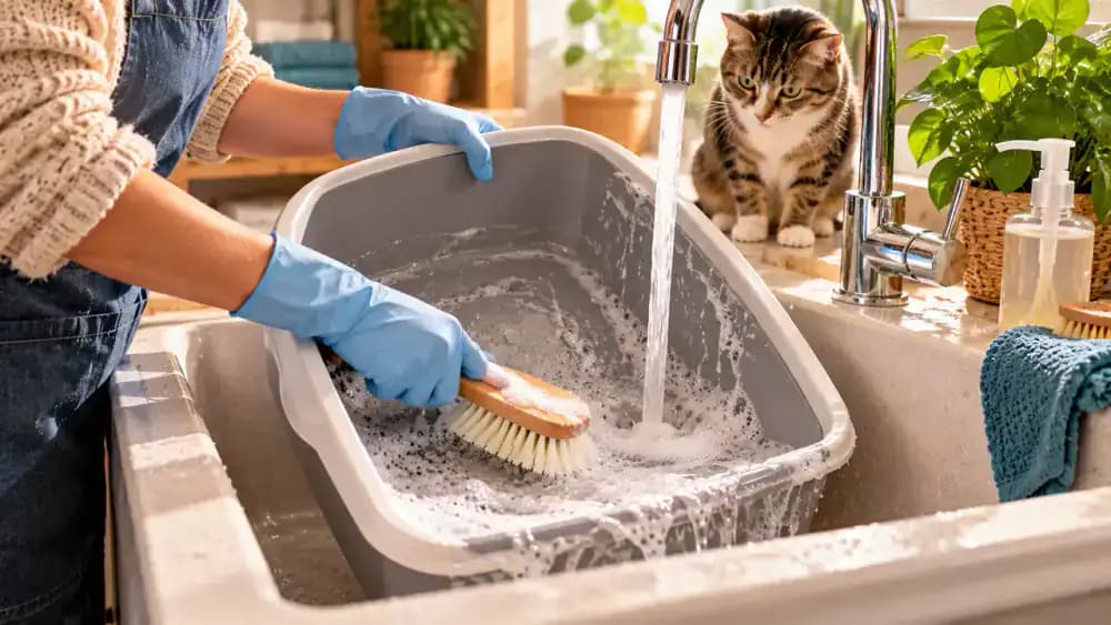 Cat owner washing an empty plastic litter tray in a utility sink with warm running water, mild soap, and a soft brush, then drying the clean tray with a towel.