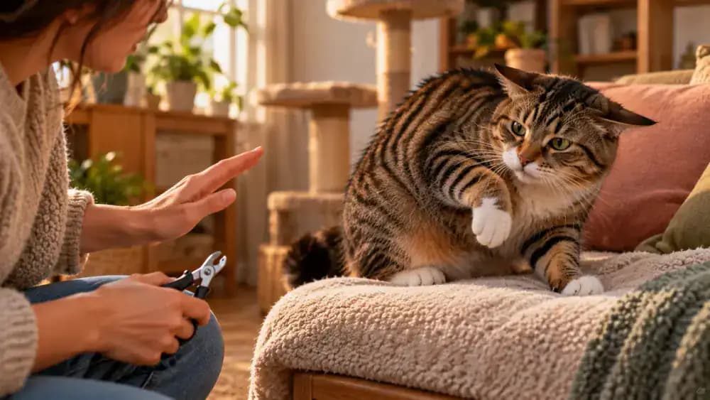 Cat with flattened ears and a flicking tail pulling its paw away as its owner lowers nail clippers and gives it space to walk toward a nearby perch.