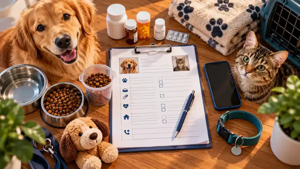 Pet owner completing a detailed boarding care instruction sheet on a laptop, showing feeding schedules, medication information, allergies, behavioral notes, veterinarian details, and emergency contacts before printing the document.