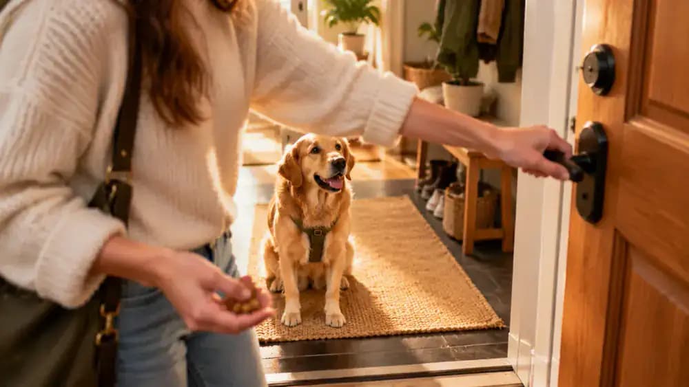 An owner reaches for an interior door handle while a dog waits calmly behind the threshold, with the door gradually opening slightly during training.