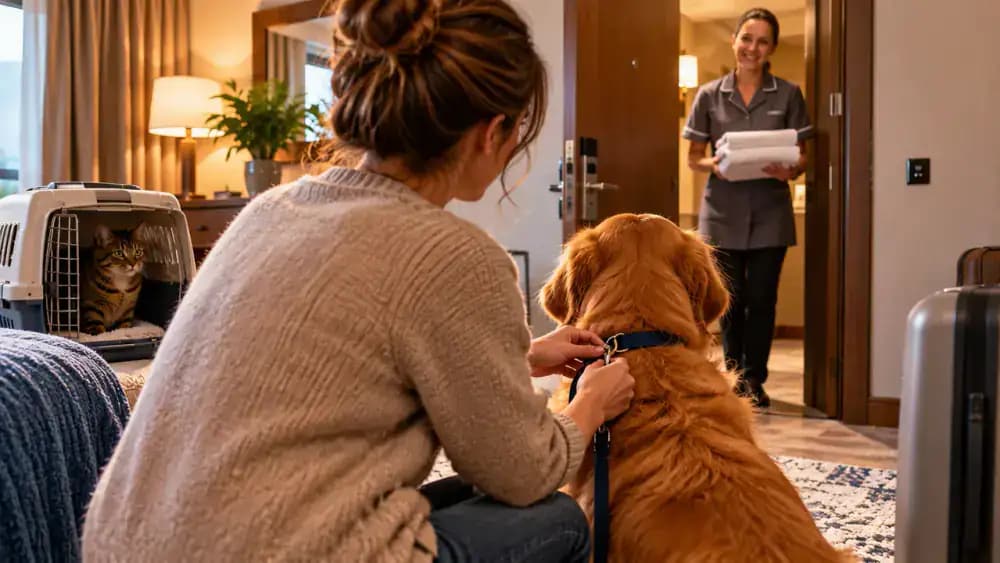 Hotel housekeeper knocking beside a cleaning cart while a pet owner attaches a golden retriever's leash, secures a tabby cat in its carrier, and places a privacy sign on the door.