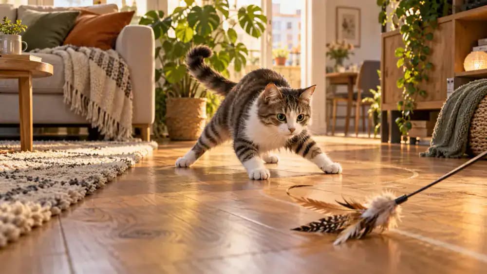Cat making a short chase after a wand lure