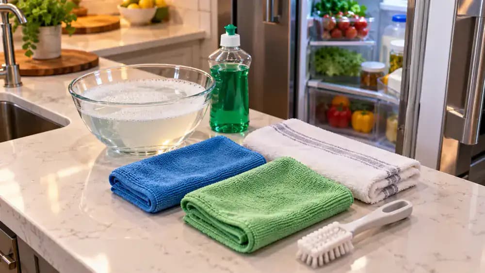 Overhead view of two microfiber cloths, a dry towel, warm soapy water, mild dish soap, and an open refrigerator manual arranged beside a stainless steel refrigerator.
