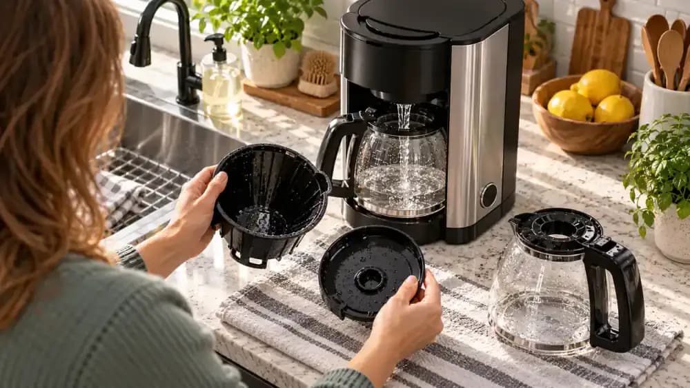 Coffee maker brewing clear water into a carafe while hands inspect the basket, reusable filter, lid, and carafe under bright light for brown or greasy residue.