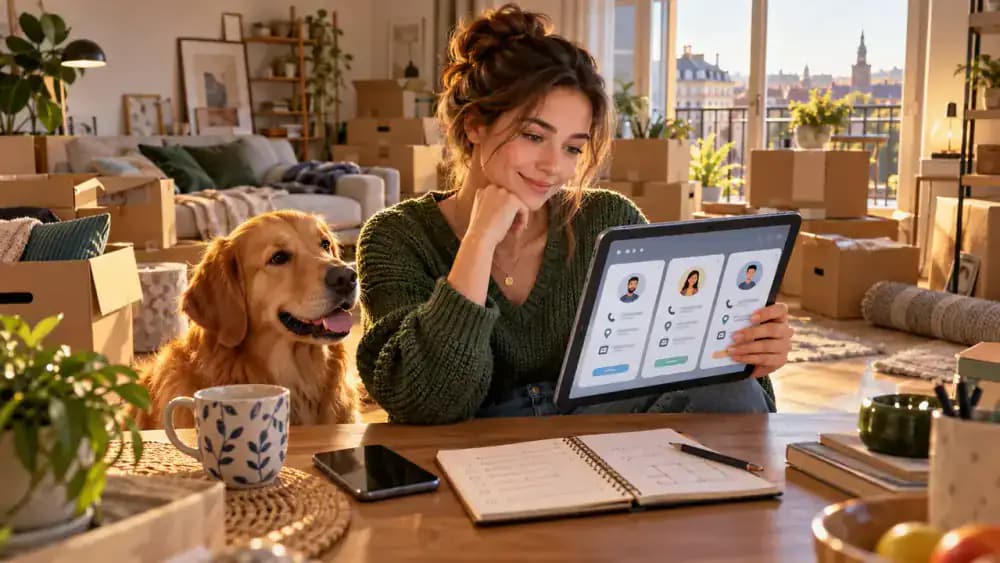 A pet owner compares a sample microchip registration profile on a tablet with current contact details in a notebook, while a moving box sits beside an outdated address.