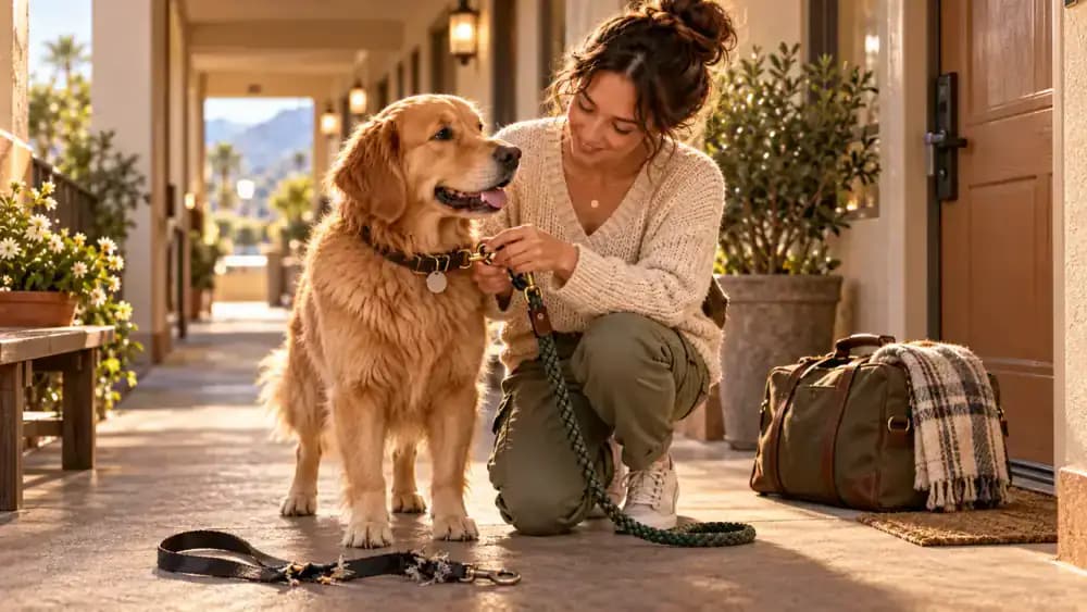 Owner attaching a spare leash to a dog after showing a damaged primary leash clip