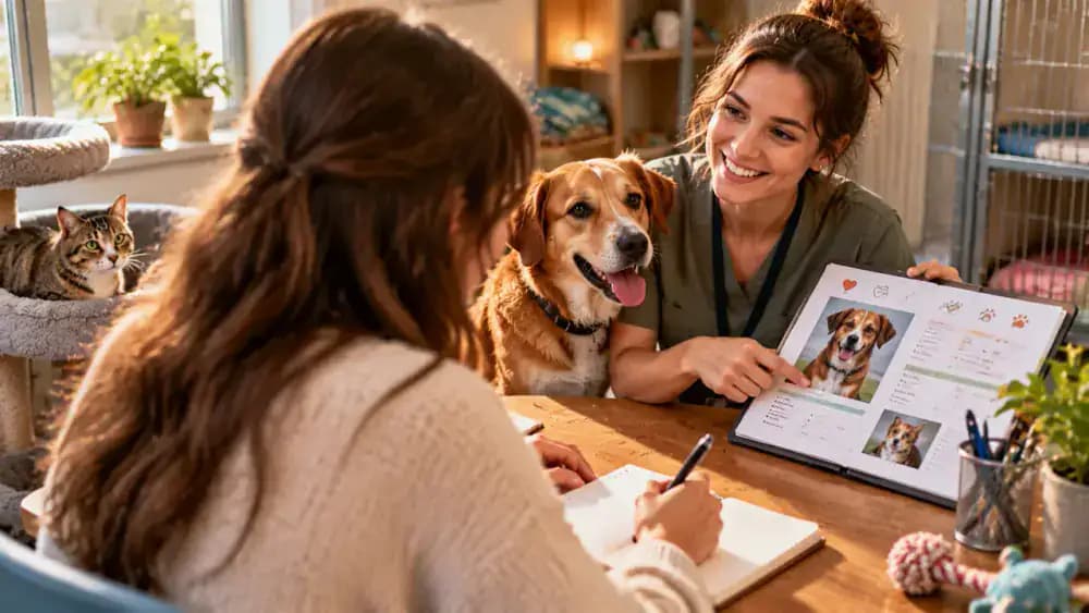 Adopter reviews an animal's care record with a rescue center staff member, discussing medication, feeding routines, observed behavior, and interactions with other animals.