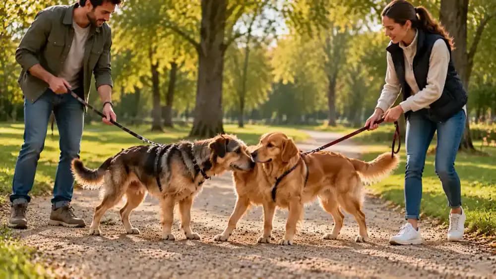 Two dogs briefly sniffing near each other's shoulders on loose leashes before their handlers gently guide them apart and reward calm behavior.